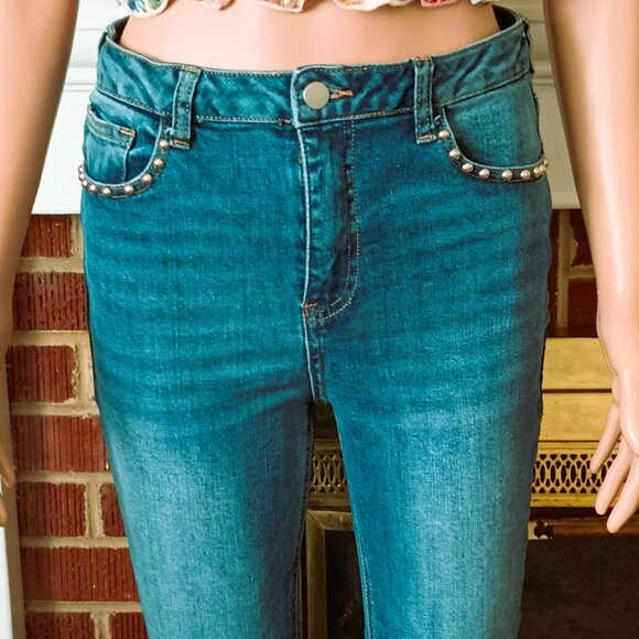 Lascana Studded Split Hem Jeans 4 Silver Rivets along Pockets Straight Leg - Picture 2 of 10